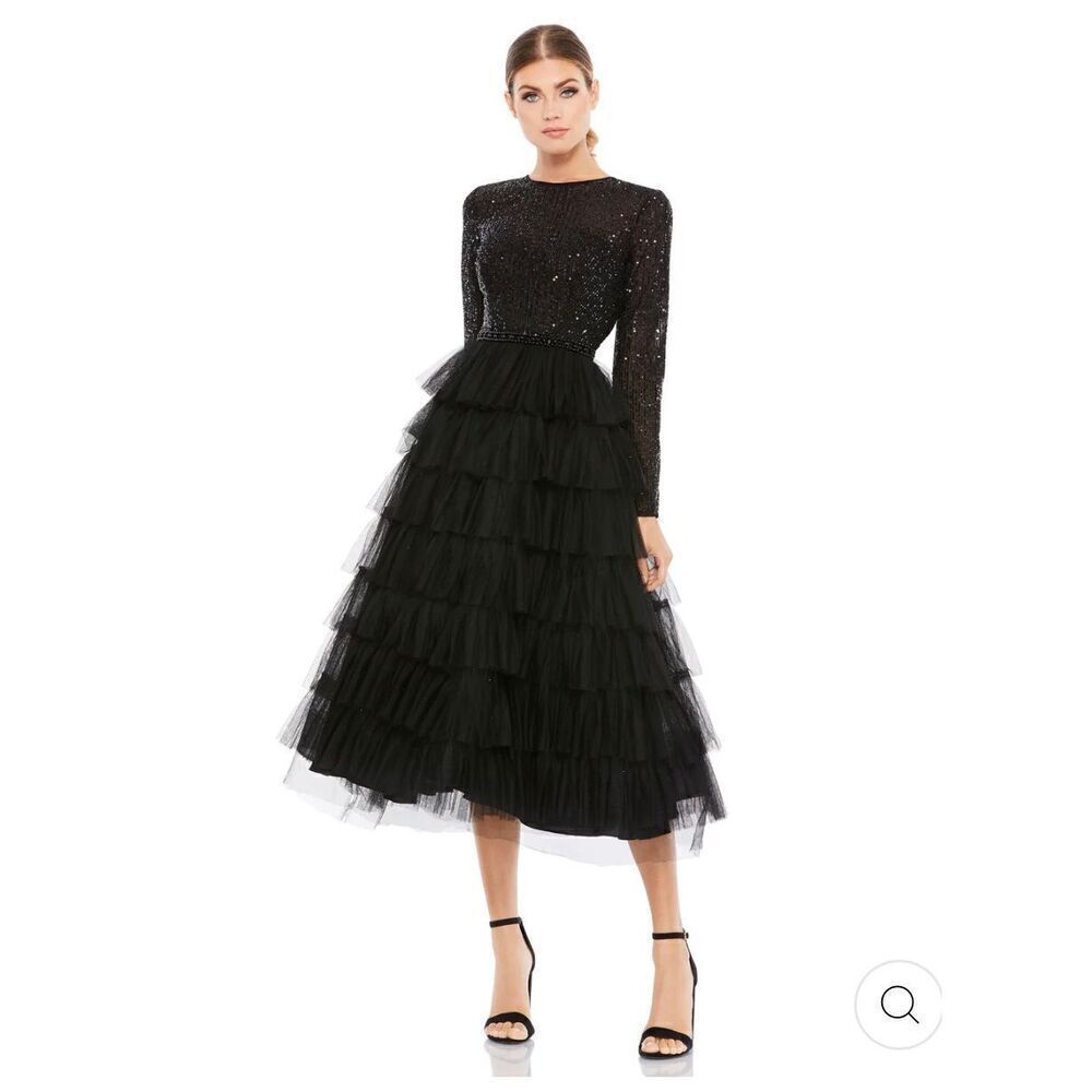 Mac Duggal NWT size 2 long sleeve tiered ruffle midi dress *READ NOTES* style 26